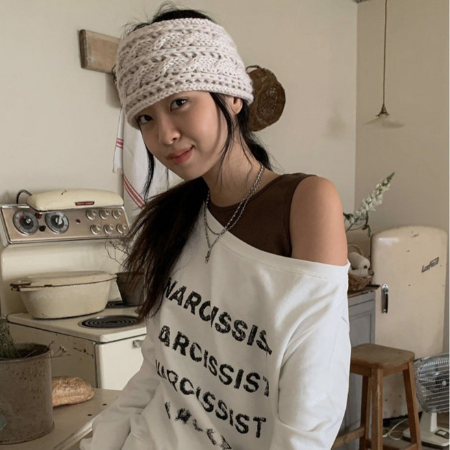 Coablu 여성 니트 꽈배기 와이드 리본 헤어밴드 데일리 패션 터번