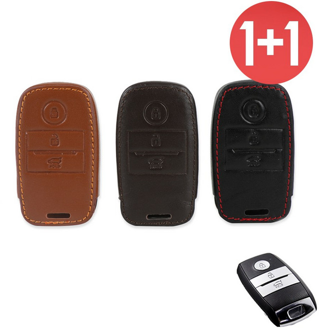 바이어블 1+1 기아 올뉴모닝 K3 호환 3버튼 천연 소 가죽 스마트키 케이스, 블랙+블랙