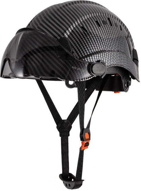 LOEBUCK 카본파이버 미국식 작업용 안전모 보호고글 일체형, 1개, 카본파이버 광택 블랙 + 블랙 보호고글