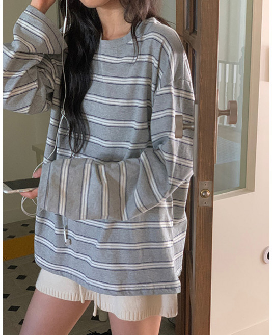 마이쏭 여성 빅사이즈 봄신상 루즈핏 파크단가라박스긴팔티