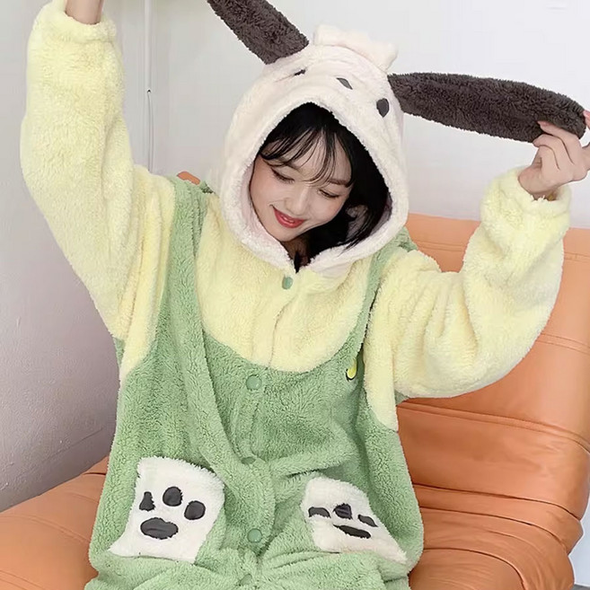 ROUGH DIA_졸리 동물 캐릭터 후드 극세사 원피스 잠옷