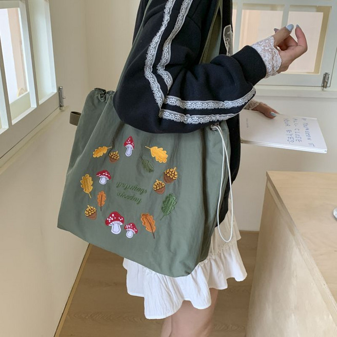 田園風 刺繡 托特包 大容量 單肩包 森系 抽繩包包