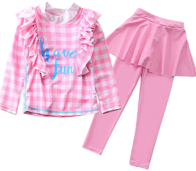 체크프릴 치랭스 여아 수영복 래쉬가드 세트