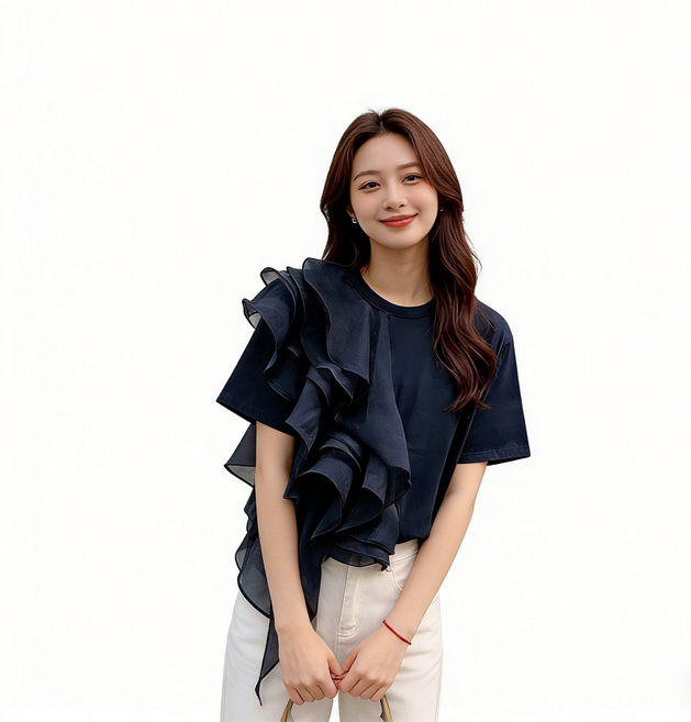 Mingpeng 여성 프릴 레이스 티셔츠 언발 반팔티 블라우스 여름