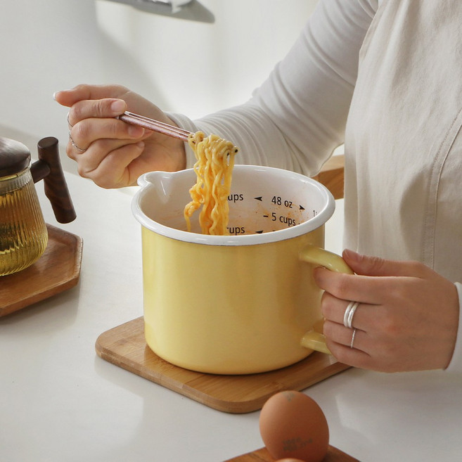 하코야 법랑 핸디포트 저그 2color 뚜껑세트 용기 냄비 물코 주둥이있는 라면냄비, 옐로우, 1개