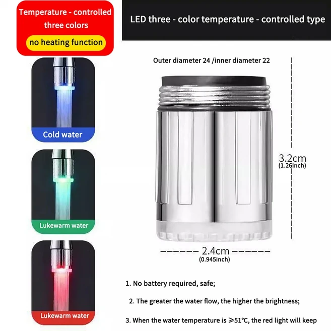 LED 온도 감지 수도꼭지 절수 주방 욕실 센서 7색 변환 수도꼭지 헤드 에어레이터 탭 노즐 샤워, 01 male - thread