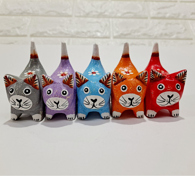 짧은 꼬리 꽃무늬 목각 고양이 인형 선반 장식 소품 미니어쳐 카페 인테리어소품, 보라 꽃무늬 짧은 꼬리 고양이