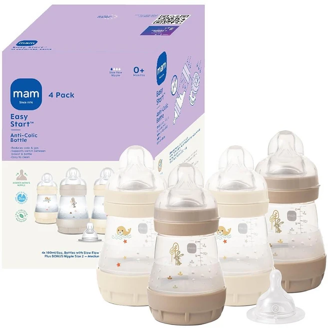 MAM 127.6g(4.5온스) 이지 스타트 배앓이 방지 와이드 넥 통기성 아기 젖병 매우 느린 유속 모유 수유 같은 실리콘 젖꼭지 배앓이 가스 및 역류 감소 간편한 세, 141.7g(5온스), 5개입(1팩), 쉘 및 면 - 쿠팡