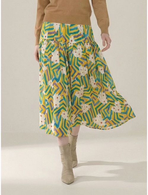 막스까르띠지오 골든 플라워 롱 플레어 스커트