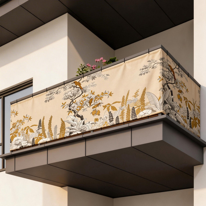 陽臺圍欄遮擋簾 防窺隱私布簾 防曬防水, 300x120cm米色金棕植物陽臺遮擋簾, 1個