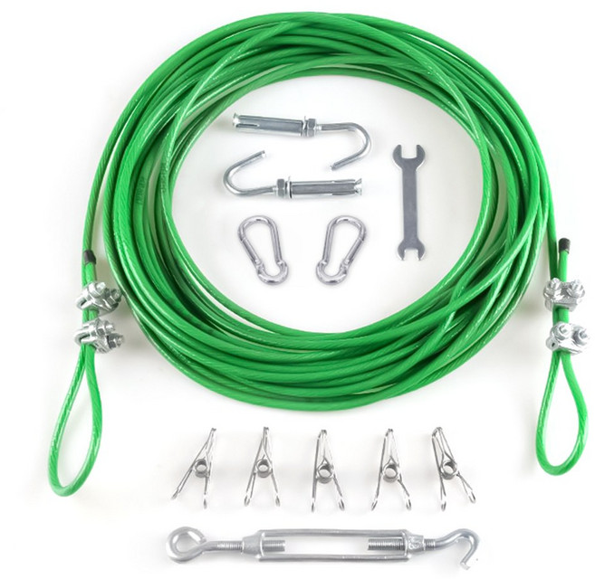투데이리빙 8종 세트 야외 와이어 빨래줄 + 확장 후크 + 턴버클 + 스패너 + 클립+ 카라비너 + 잠금 클립 + 보호 슬리브 베란다 옥상 여행용 캠핑 다용도 로프, 1세트, R98434Z(그린 10M