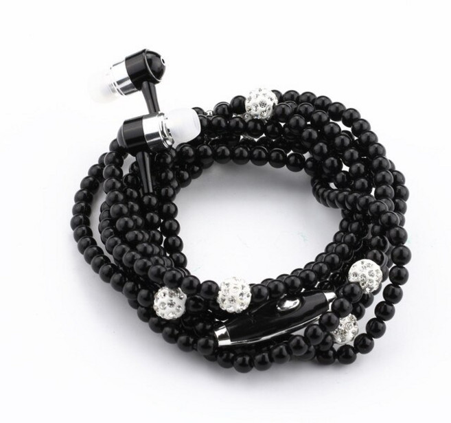 마이크 비드가 있는 세련된 보석 진주 목걸이 이어폰 3.5mm 인 헤드폰 모든 오디오 장치 스마트 폰에 연결, 02 black