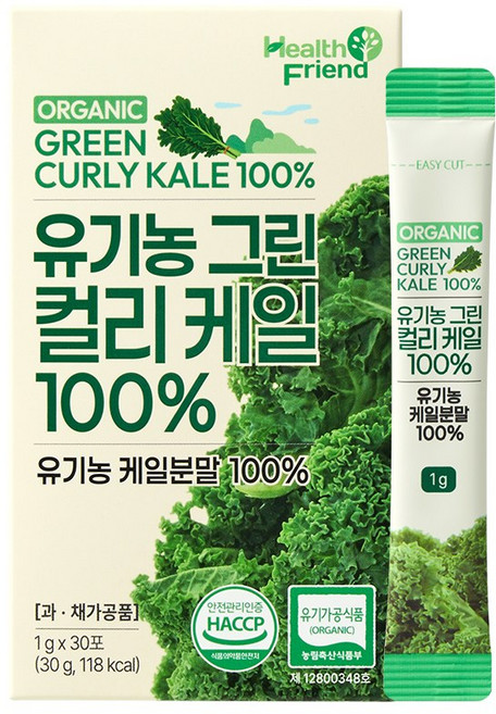 헬스프랜드 유기농 그린 컬리케일 100% 30포 동결건조 곱슬케일 분말, 1개, 30회분