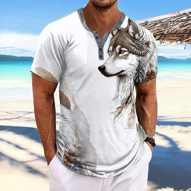 남성티셔츠 3D 늑대 인쇄 된 남자 헨리 티셔츠 동물 호랑이 패턴 반팔 여름 야외 거리 느슨한 통기성 버튼 탑