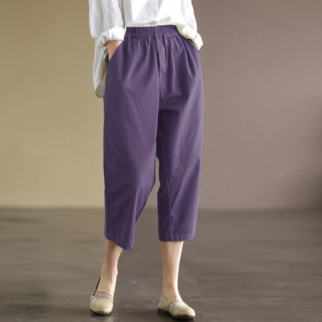 메인워크 중년 여성 7부 바지 여름용 냉장고 엄마룩 면 마 순면 루즈핏 캐주얼 와이드 배딩 스판 배기팬츠