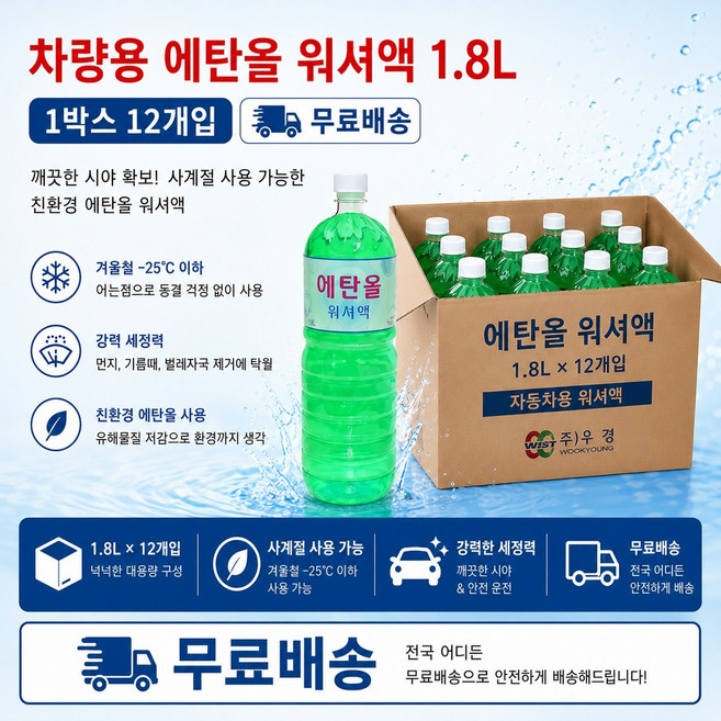 대성부품 K-1 에탄올 워셔액 1.8L 12개 1박스 차량용 유리세정제 친환경 워셔액 윈도우 세정액 대형트럭 화물차 버스 현대트럭 대우트럭 카고 윙바디 탑차 덤프 특장차