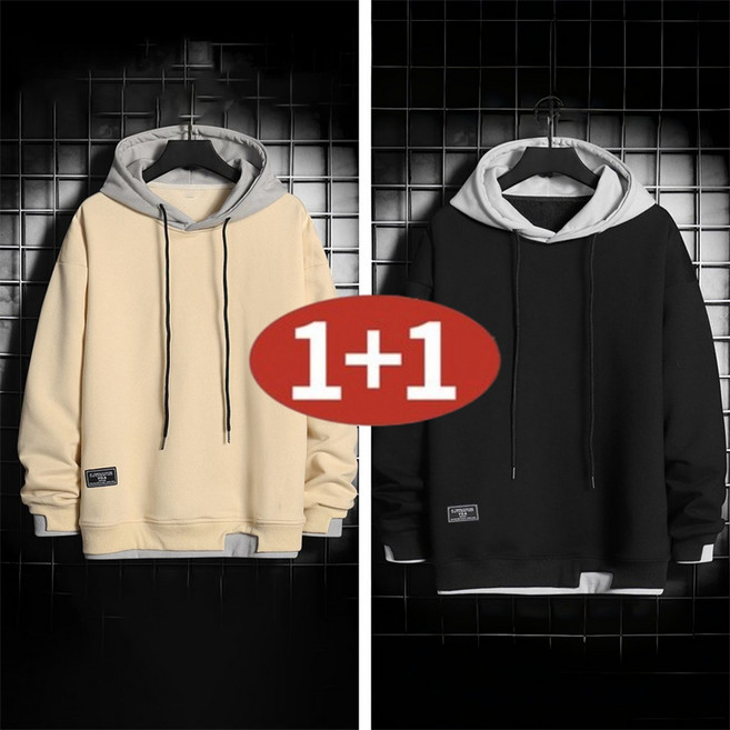 AOKADA 1+1남성 봄 가을 루즈핏 레이어드 후드 긴팔 맨투맨 티셔츠