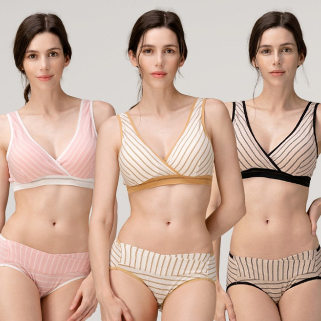 [국내생산] 뉴니끄 면모달 후크랩 스트라이프 임산부 수유 브라&팬티 세트