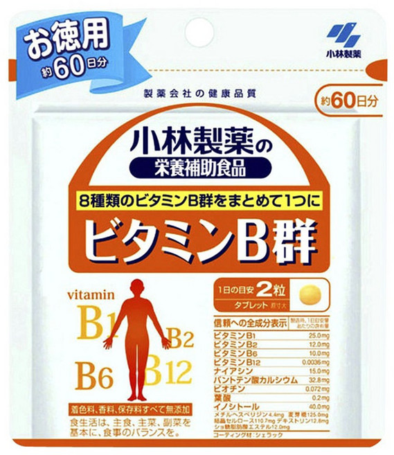kobayashi 코바야시 제약 비타민B군 이노시톨 판토텐산 칼슘 함유 특가상품 [120정 60일분] 지퍼백포장, 1개, 120정
