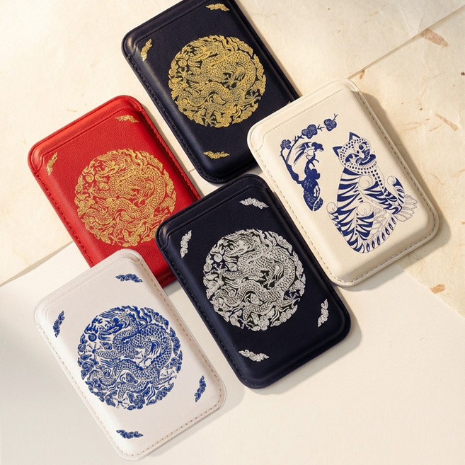 전통 곤룡포 호작도 맥세이프 호환 가죽 카드지갑 케이스 5종 [마그네틱 자석 멕세이프 마그넷 카드 월렛 지갑 한국적인 외국인 한국 센스있는 기념품 답례 선물], 1.곤룡포 네이비-실버, 1개