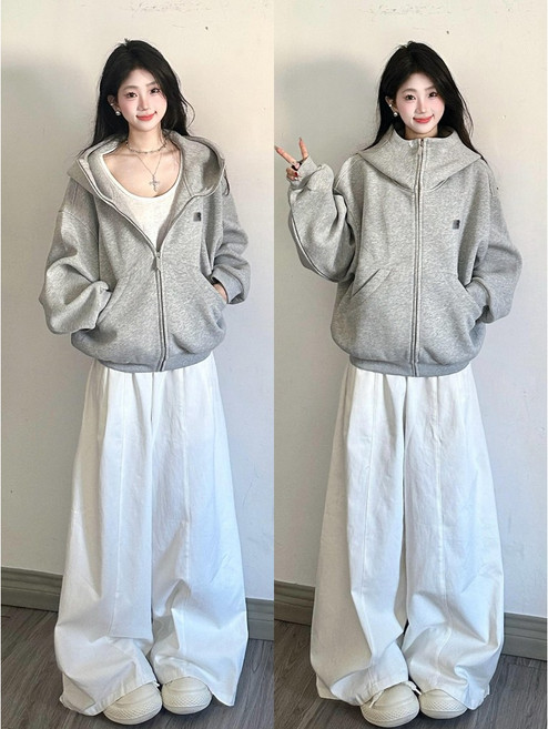灰色連帽外套女 連帽衛衣 美式復古 簡約 oversize 早秋 長袖上衣