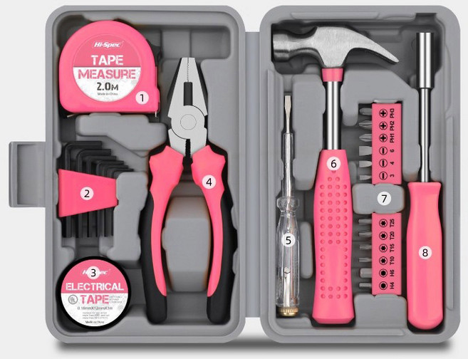 [커머릭스] 가정용 공구함 스패너 드라이버 겸자 세트 일상 가정 수리 멀티 세트, 1개, 핑크