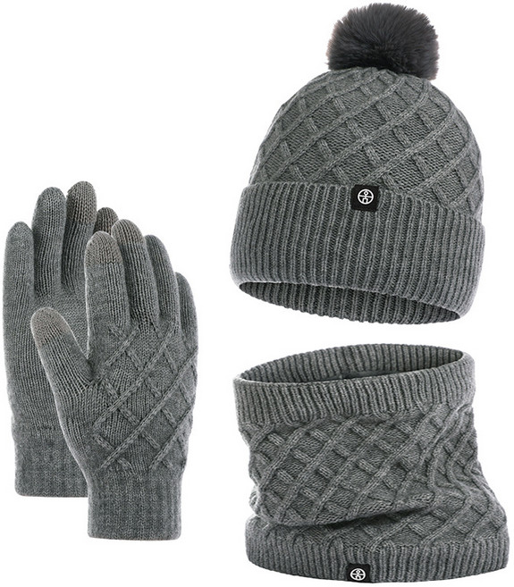 아즈블리 겨울 남녀공용 방울털모자 넥워머 장갑 3종세트