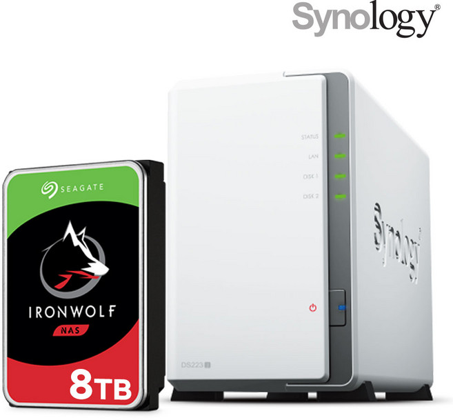 [ 시놀로지 공식총판 ] 시놀로지 나스 DS223j 2Bay NAS 아이언울프 8TB 하드디스크 8테라 1개 합본