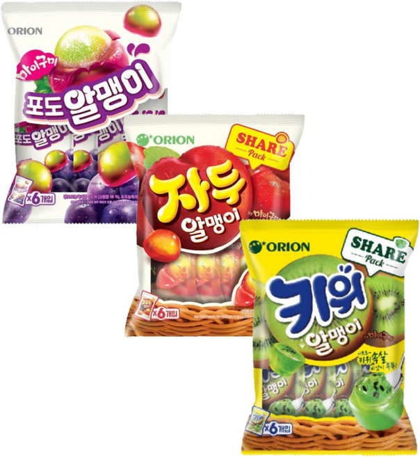 오리온 자두알맹이 + 리찌알맹이 + 포도알맹이216g 젤리 3종, 1세트