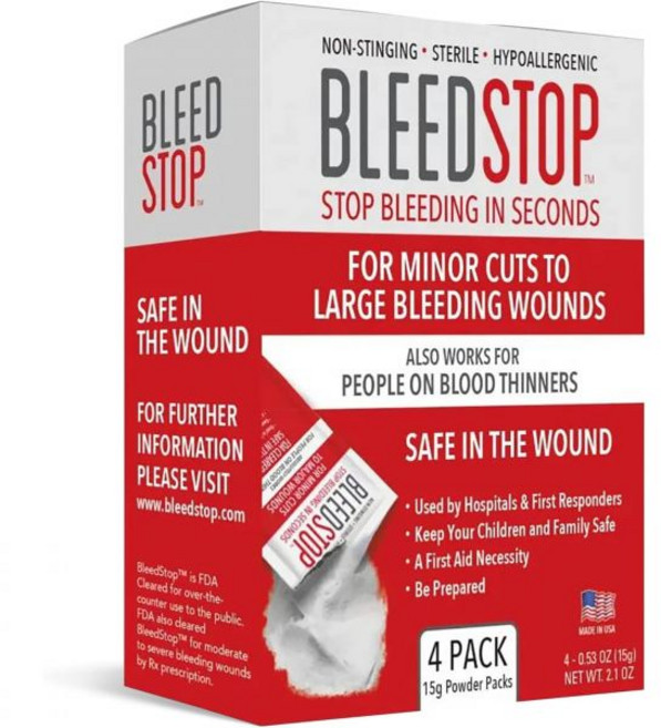 BleedStop™ 지혈용 응급처치 파우더 응고용 외상 키트 희석제 환자용 캠핑 안전용품 중증 출혈 또 코피에 적합 15g짜리 4개 파우치, 15g (4 Pack)
