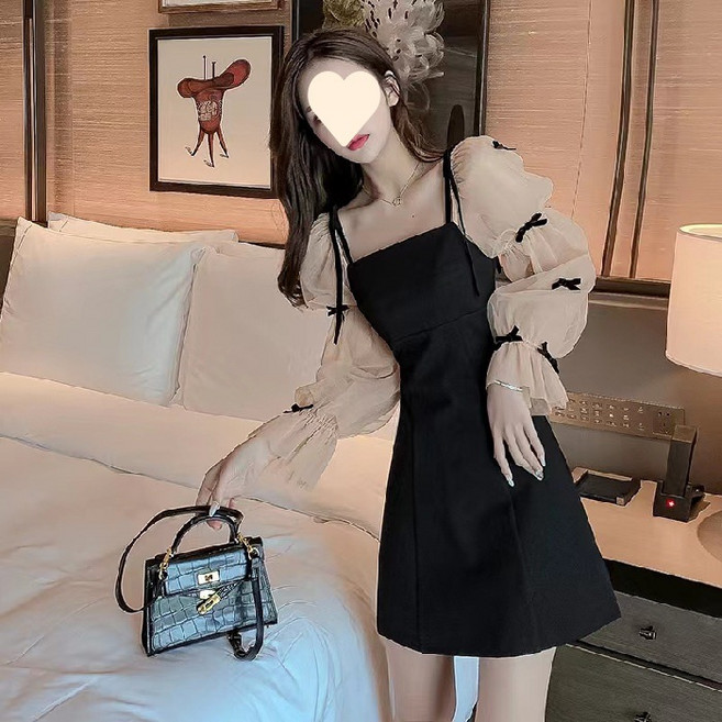 【法式減齡】小黑裙 連衣裙 長袖連衣裙 網紗連衣裙 拼接假兩件 收腰顯瘦 春秋年會 輕奢名媛風, 俏512黑色