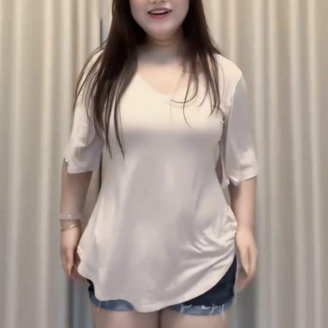 中大尺碼寬鬆短袖T恤女 五分袖打底衫 顯瘦遮肉休閒百搭上衣