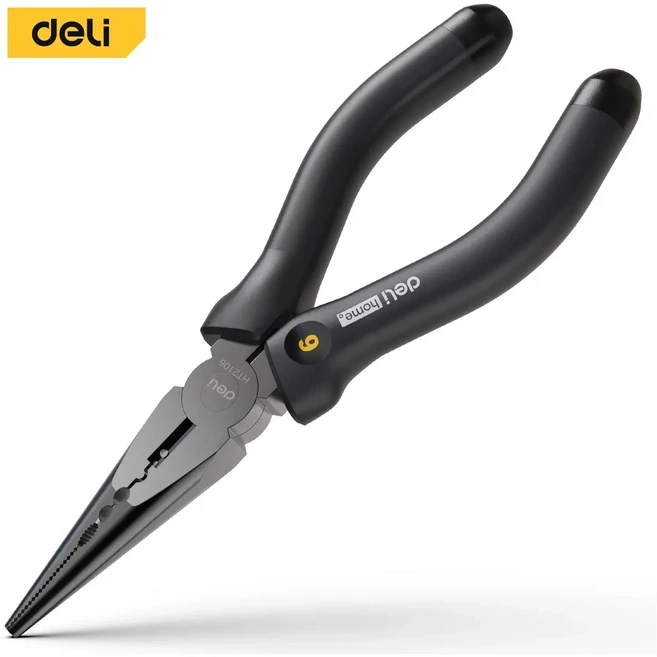 델리 블랙 핸들 다기능 긴 노즈 플라이어 커팅 클램핑 스트리핑 전기 기사 수리 수공구 6 인치, [02] HT2106