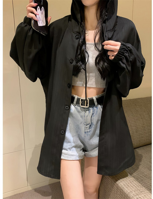 부엉구구 OW0211A 여성 봄가을 빅사이즈 긴팔 후드 셔츠 남방