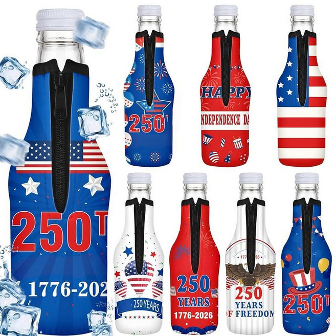 FoldTier 8 Pcs 250th Anniversary Beer Sleeves with Zipper 7'' x 3'' US 1776-2026 Bottle Jacket 4th, 250 Years