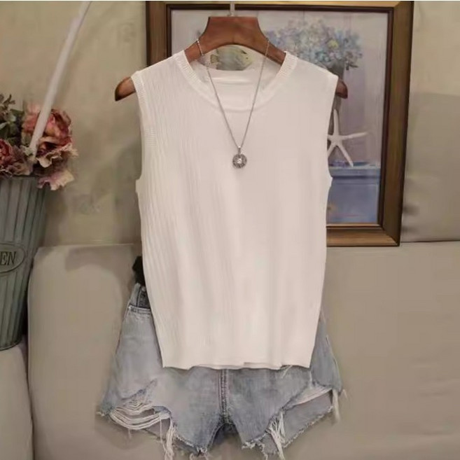 넬로넬리 민소매 와이드 냉장고 얇은 니트 라운드 조끼