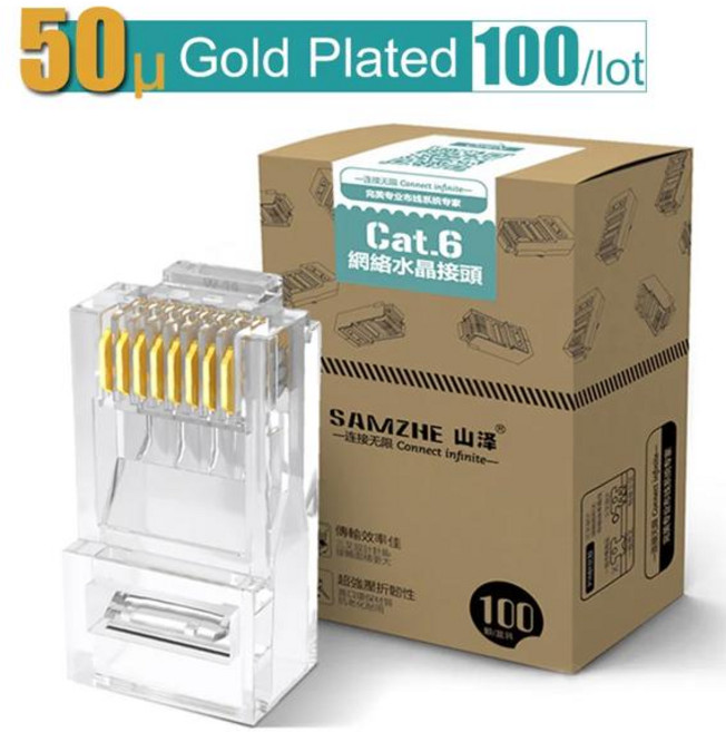 SAMZHE Cat6 RJ45 모듈러 플러그 8P8C 커넥터 이더넷 케이블 금도금 1Gbps CAT 6 기가비트 벌크 이더넷 크림프 커넥터, [01] CAT5E, [04] 50u Gold 100PCS, 50U 금도금