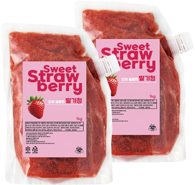 달콤한 딸기청 카페납품 대용량 천연당으로 만든 과육이 씹히는 수제청, 2개, 1kg