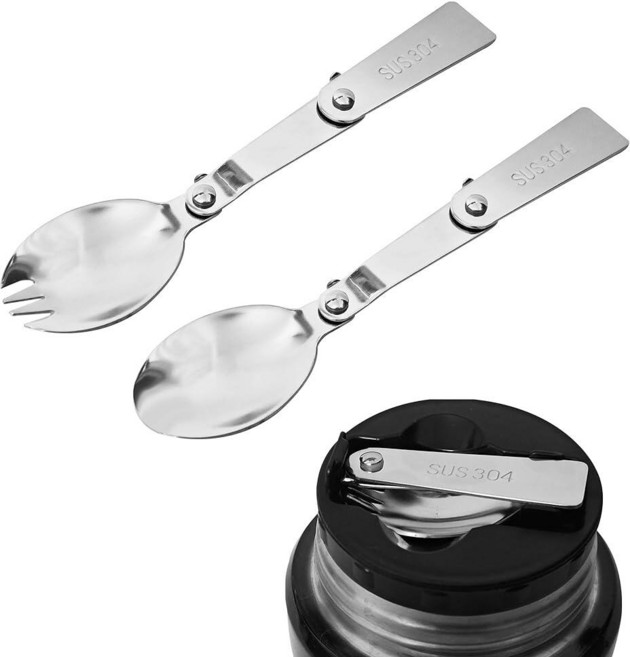 Mikzhskr 교체용 접이식 스푼 및 포크 세트 Thermos Funtainer 473.2ml(16온스) 식품 병과 호환 스테인리스 스틸 샐러드 스포크 휴대용 야외 식기, Mikzhskr 교체용 접이식 스푼 및 포크 세트, T