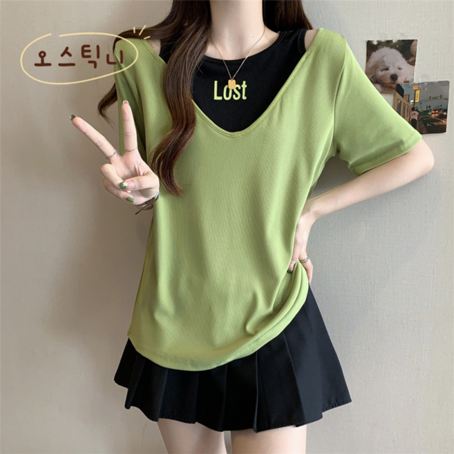 오스틱니 100kg까지 빅사이즈 초특가 특가상품 날씬해보이는 심플 프린트 V넥 시원한 반팔 티 여름 여성 편한 무지 루즈핏 얇은 박스티 3XL 4XL 캐주얼 티셔츠