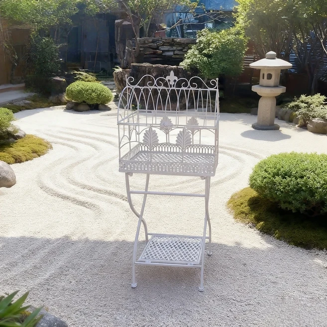 유럽풍 레트로 2단 화분대 새장 모양 철제 다육식물 화분대 실내 바닥형 야외 거실 화분대 수납 선반, 03 Vintage white S