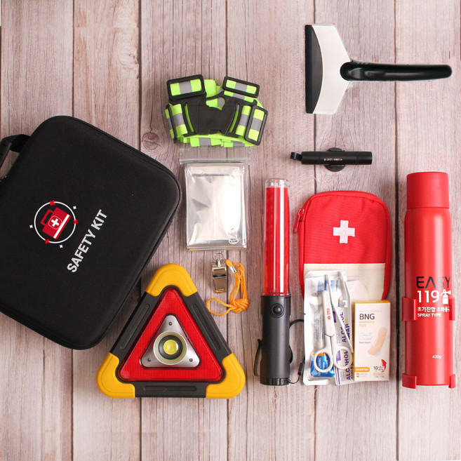 차량안전키트 소화기 세트 2차사고예방 자동차 비상 탈출 망치 안전삼각대 경광봉 새차선물, 7종 + 차량용소화기 걸이형 레드, 1개