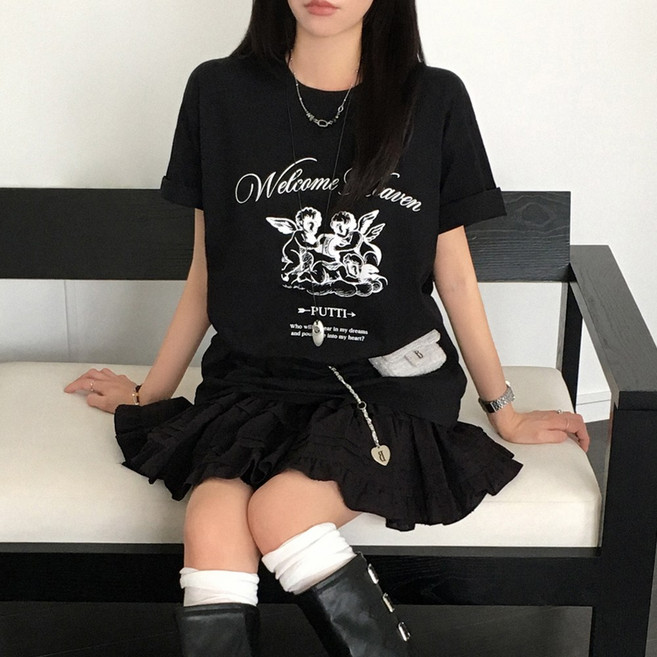 티데일리 남녀공용 푸티 프린팅 오버핏 20수 라운드 반팔 티셔츠