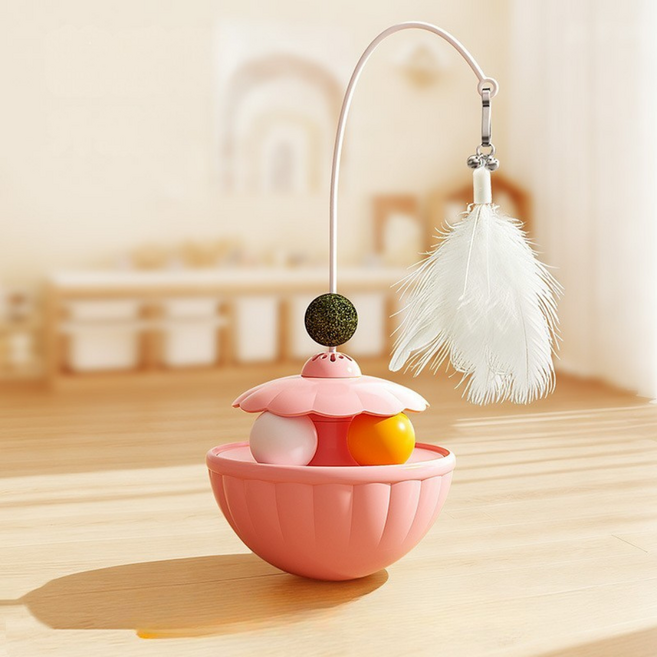 Tinduo 고양이 오뚝이 장난감 캣닢볼 깃털 방울 트랙볼 캣 사냥놀이 낚시대, 핑크색, 1개