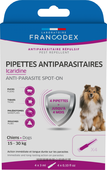 FRANCODEX 寵物防蚤滴劑 適用於15-30公斤犬隻 長效驅蟲 4入裝, 中型犬, 4個, 3ml