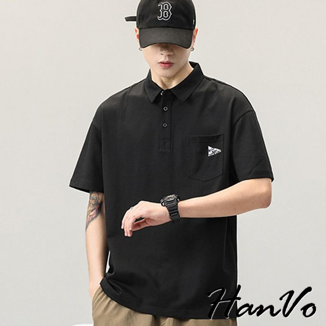HanVo 男款RECOBDS日系POLO衫 短袖上衣 透氣舒適潮流 韓版夏季T恤 B01-1067