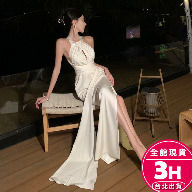 梨卡 氣質露背長洋裝 女裝 白色連身裙 宴會禮服 C6600, 如圖色,S-現貨馬上出貨