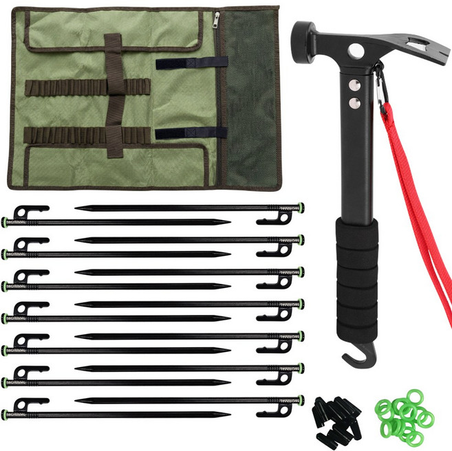 자캠 고강도 30cm 캠핑 단조팩 14개 세트 보호캡 야광링 롤팩가방 스틸해머, 1세트, 혼합색상