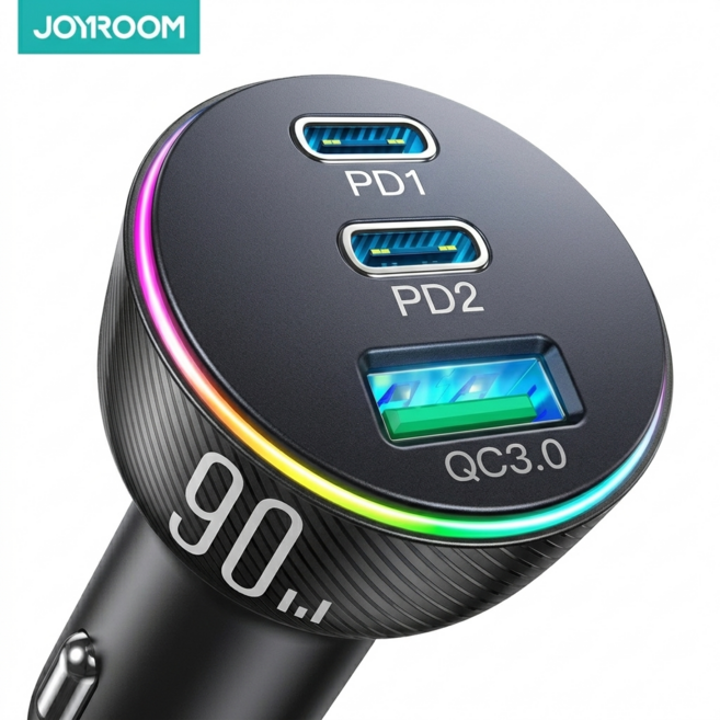 [티파스] 조이룸 초고속 차량용 3포트 시거잭 충전기 C타입 90W PD3.0/QC3.0, 블랙, CL26, [티파스]차량용3 포트 초고속충전기