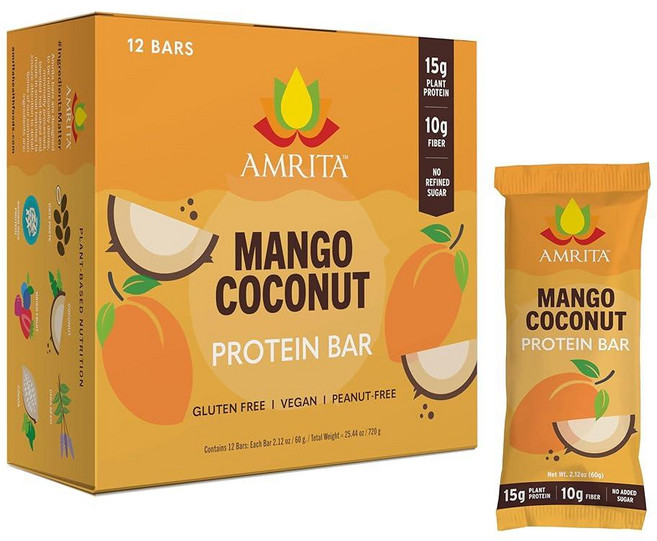 Amrita 초콜릿 파티 믹스 대용량 아므리타 너트 프리 비건 프로틴 바 12개입 맛 다양팩 15g 식물성 단백질 땅콩 무첨가 글루텐 유제품 무가당 고섬유질 건강 간식 성인용, 망고 코코넛, 12개입 (1팩)